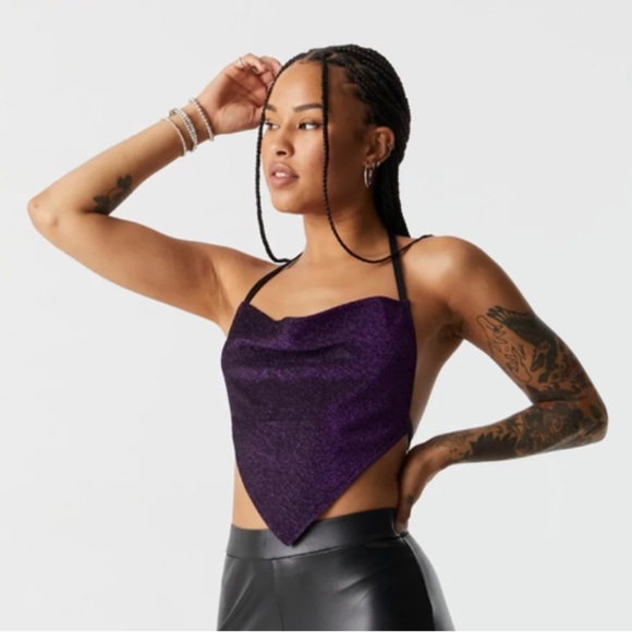 Slinky Cowl Neck Halter Tank Purple Glitter new - Picture 3 of 8